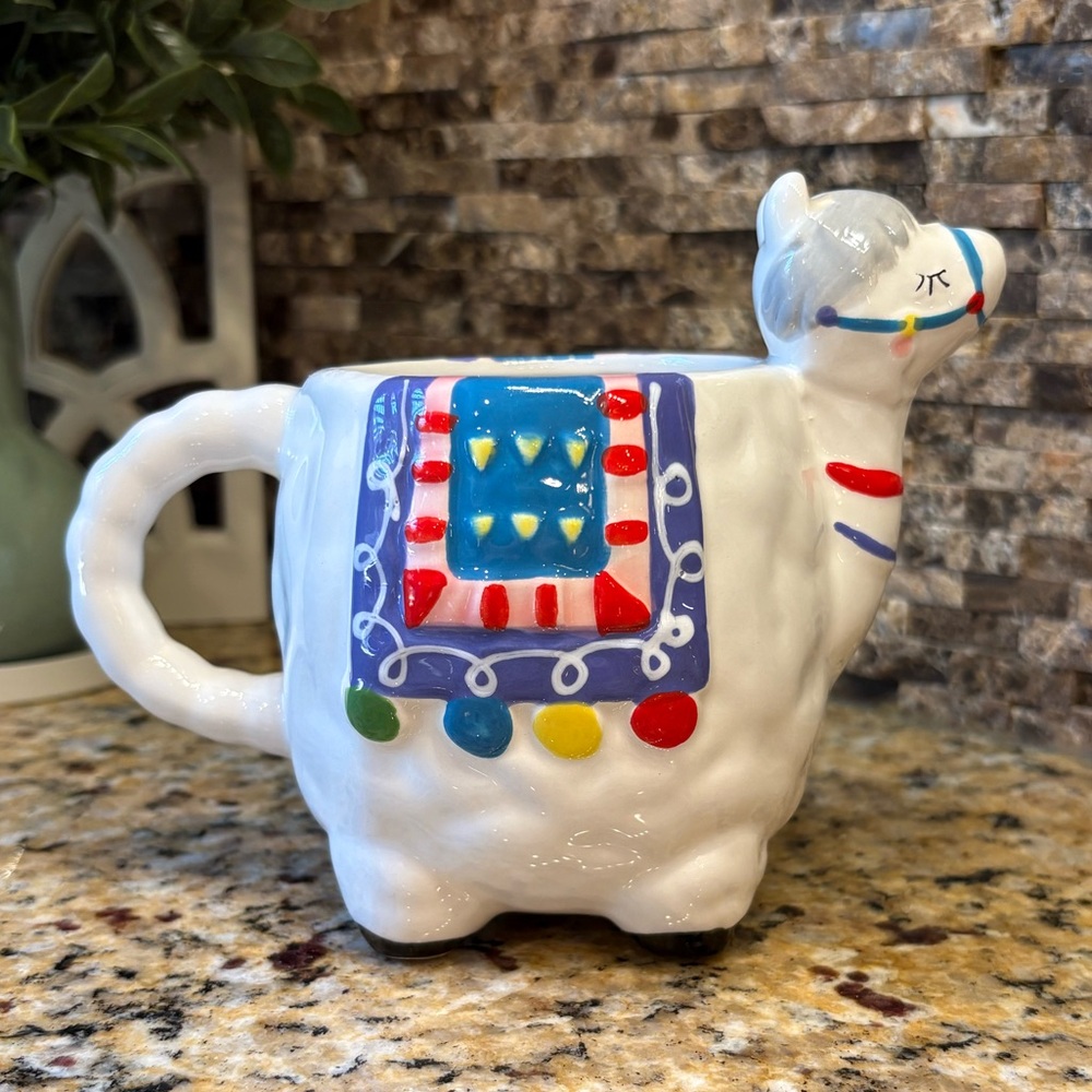 Llama Figurine Coffee Mug Cup Ceramic Large Decorative White Colorful Design 5"